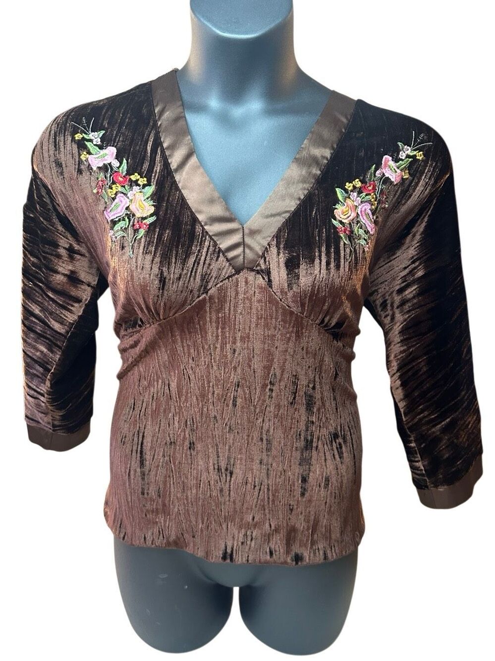 K. Jordan Women's Brown Embroidered Floral Velvet V-Neck Top Blouse Size Medium